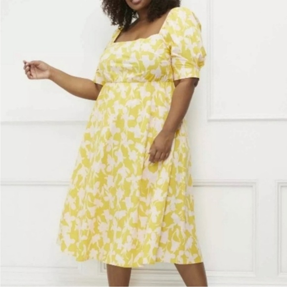 Eloquii | Bright Yellow Baby Pink Floral Puff Sleeve Midi Sundress Square Neck - Picture 1 of 9
